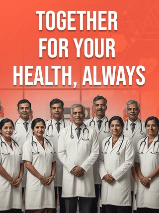 Portrait of a smiling female doctor in a white coat with stethoscope on red-orange background